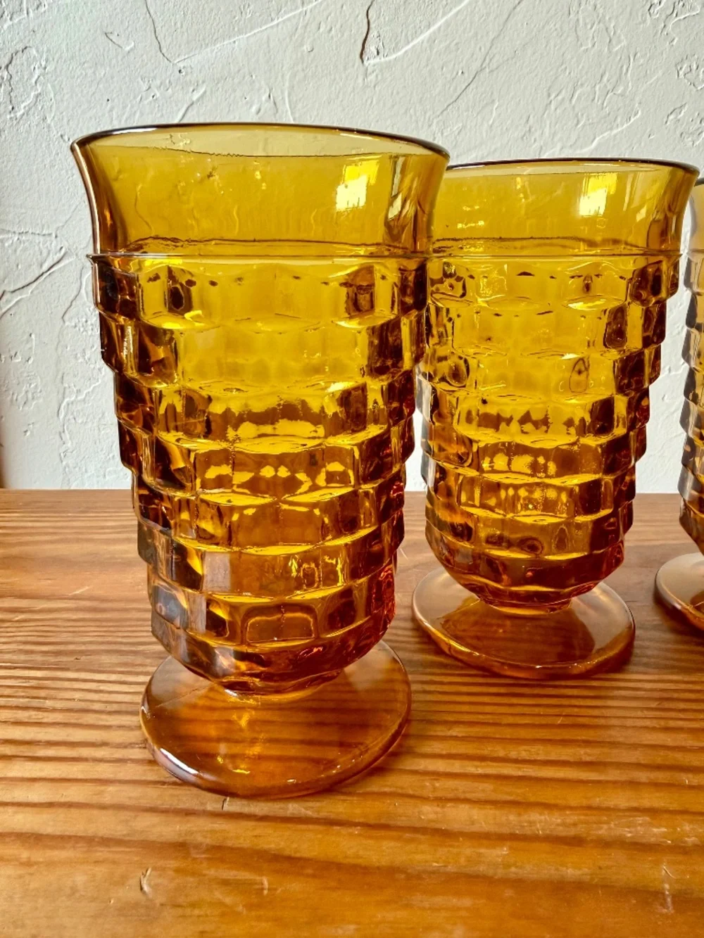 Vintage Indiana Glass Whitehall Cubist Amber Footed Tumblers – Set of 4